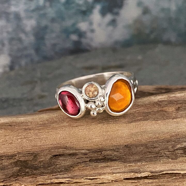 Fire Opal and garnet ring