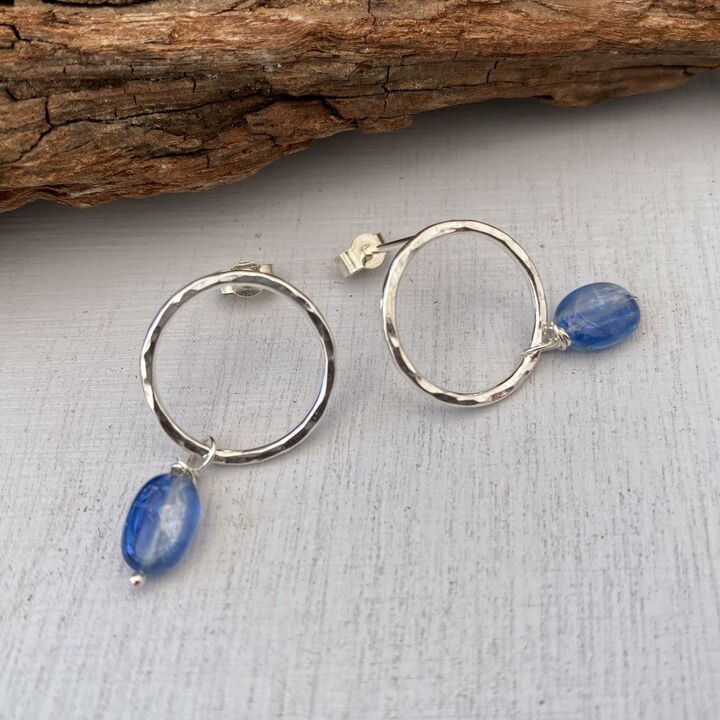 Round silver stud earrings with kyanite drops