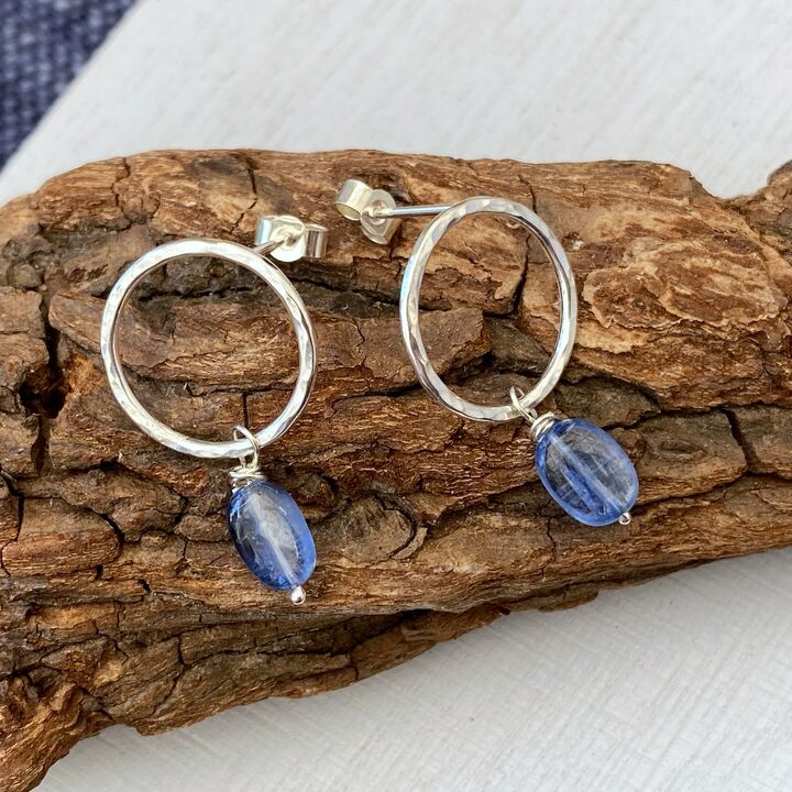 Round silver stud earrings with kyanite drops 2