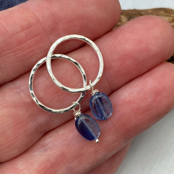 Round silver stud earrings with kyanite drops 3