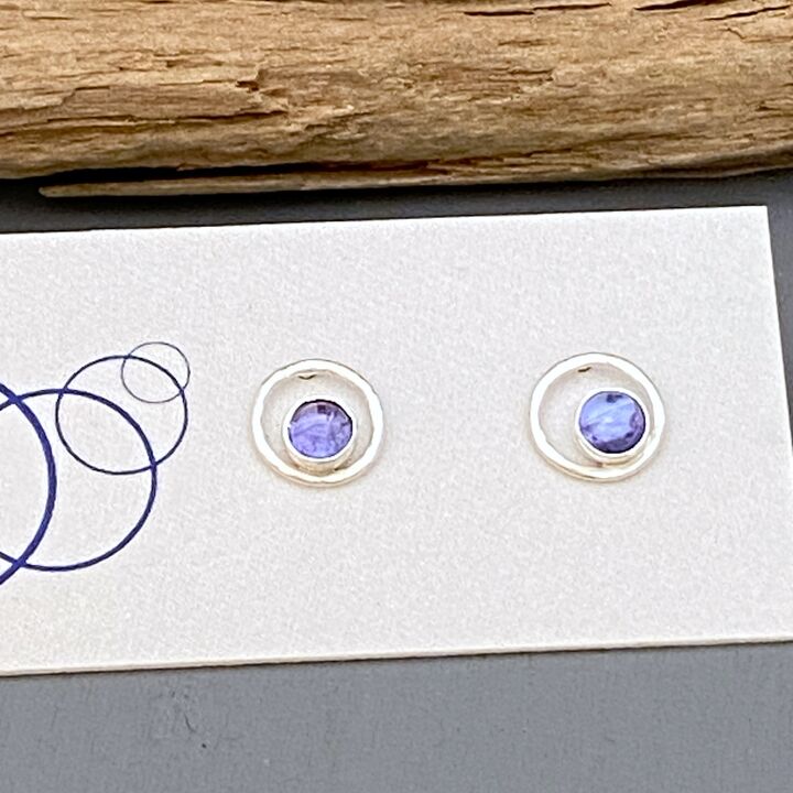 Small Tanzanite and silver circle earrings 2