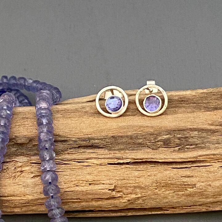 Small Tanzanite and silver circle earrings