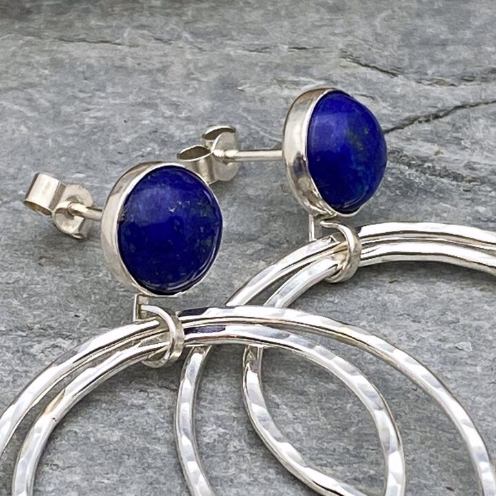 Lapis Lazuli topped silver hoop earrings 2