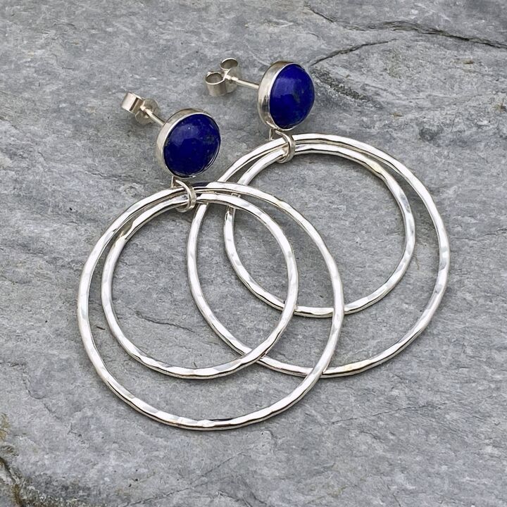 Lapis Lazuli topped silver hoop earrings 3