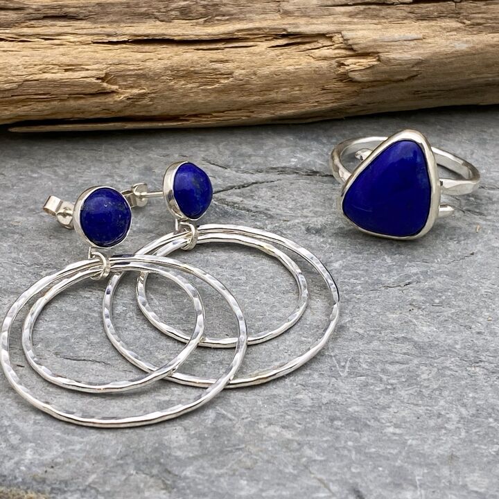 Lapis Lazuli topped silver hoop earrings 4