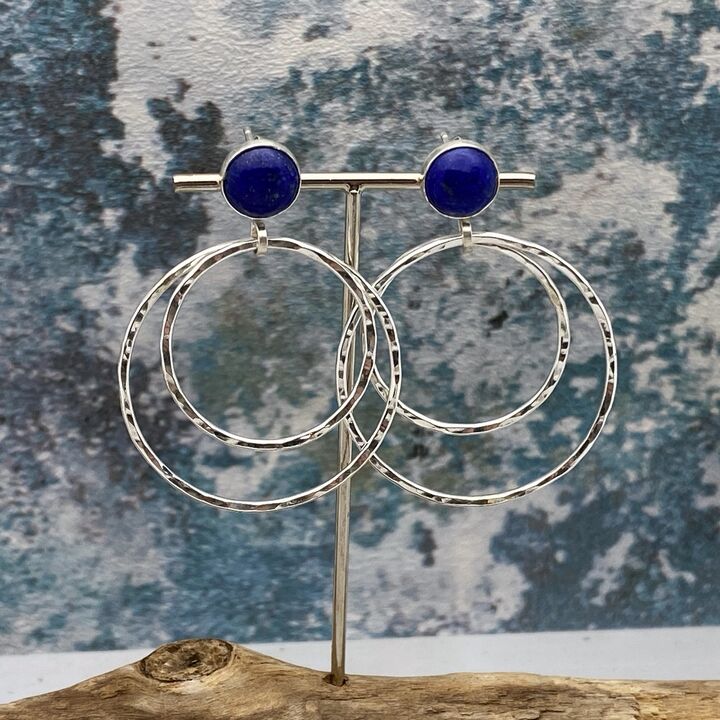 Lapis Lazuli topped silver hoop earrings 6