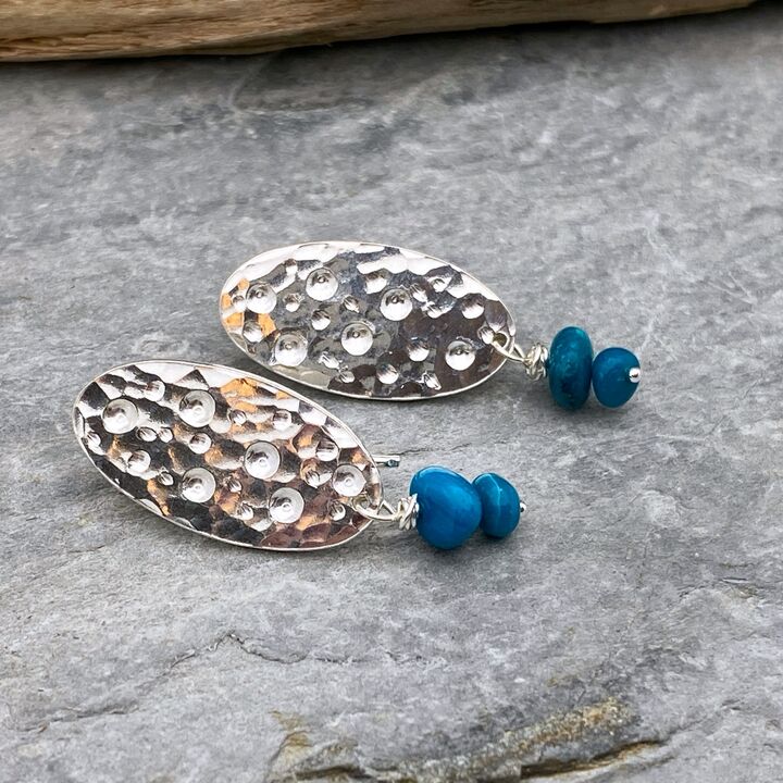 Hammered silver oval earrings with Chilean Opal bead drops 5