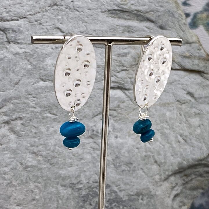 Hammered silver oval earrings with Chilean Opal bead drops 3