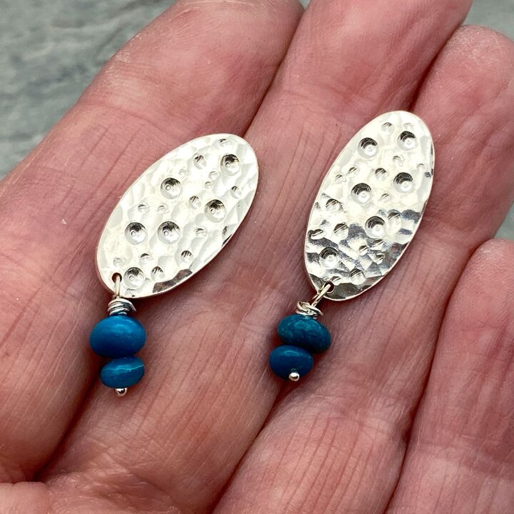 Hammered silver oval earrings with Chilean Opal bead drops 2