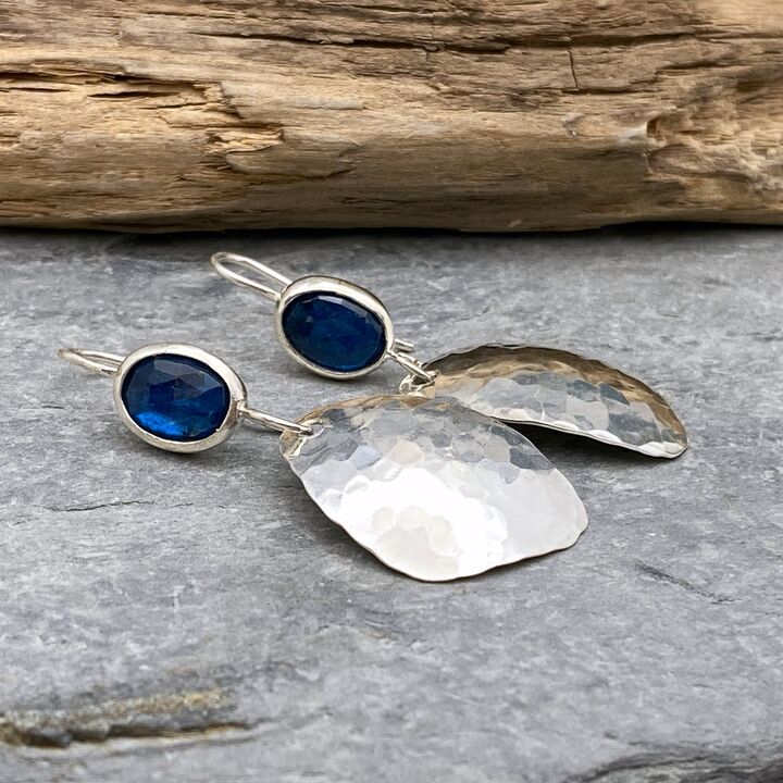 Neon sheen Kyanite topped hammered silver earrings