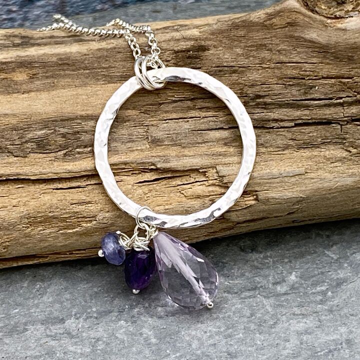 Silver ring pendant with Amethyst and tanzanite drops  3