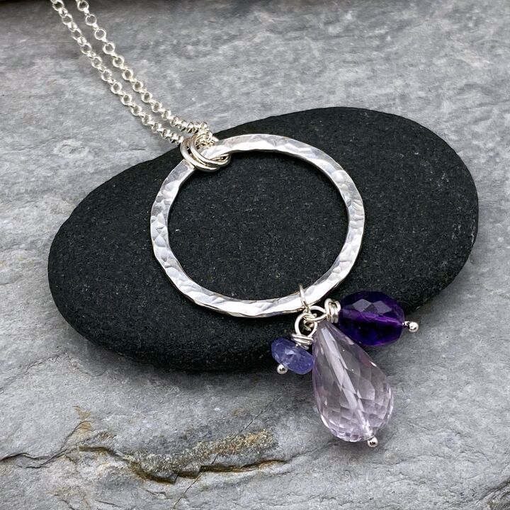 Silver ring pendant with Amethyst and tanzanite drops  2