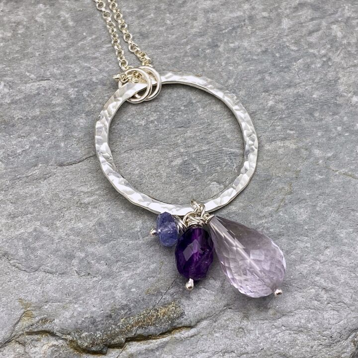 Silver ring pendant with Amethyst and tanzanite drops 