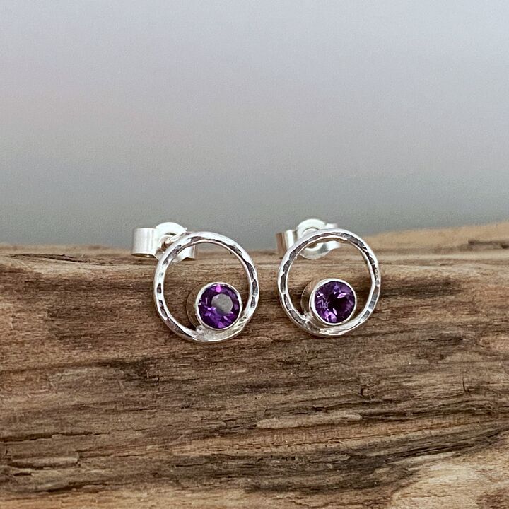 Small silver stud earrings with amethyst gemstone  4