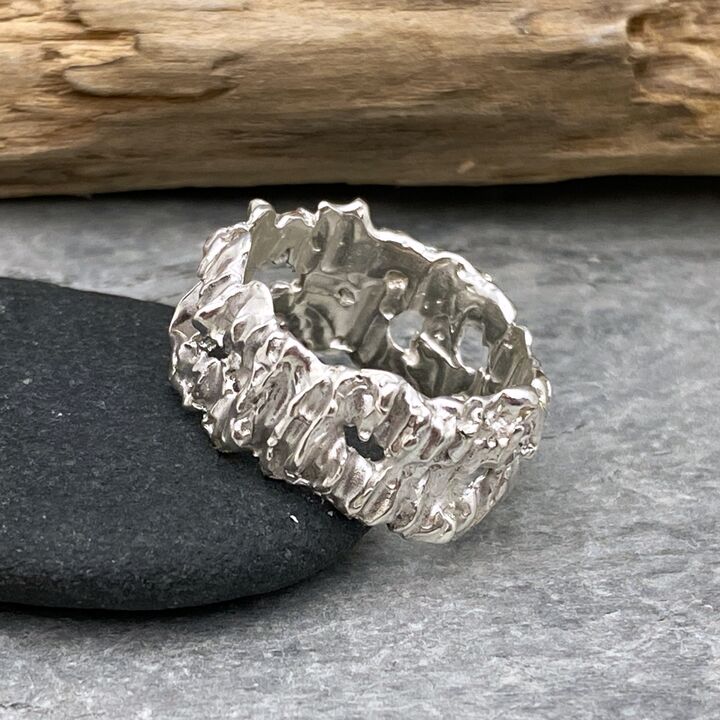 Wide organic silver ring band