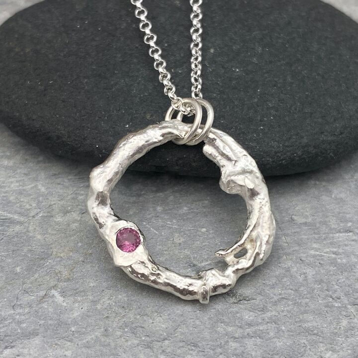 Pink sapphire organic silver pendant